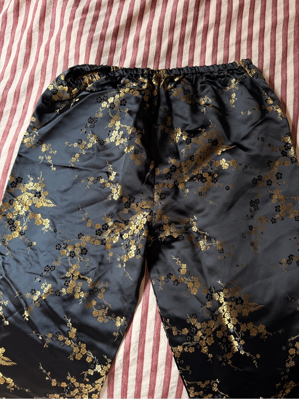 Vintage Y2K Black Satin Pants  Gold Floral Brocade Capri Lounge Asian Satin